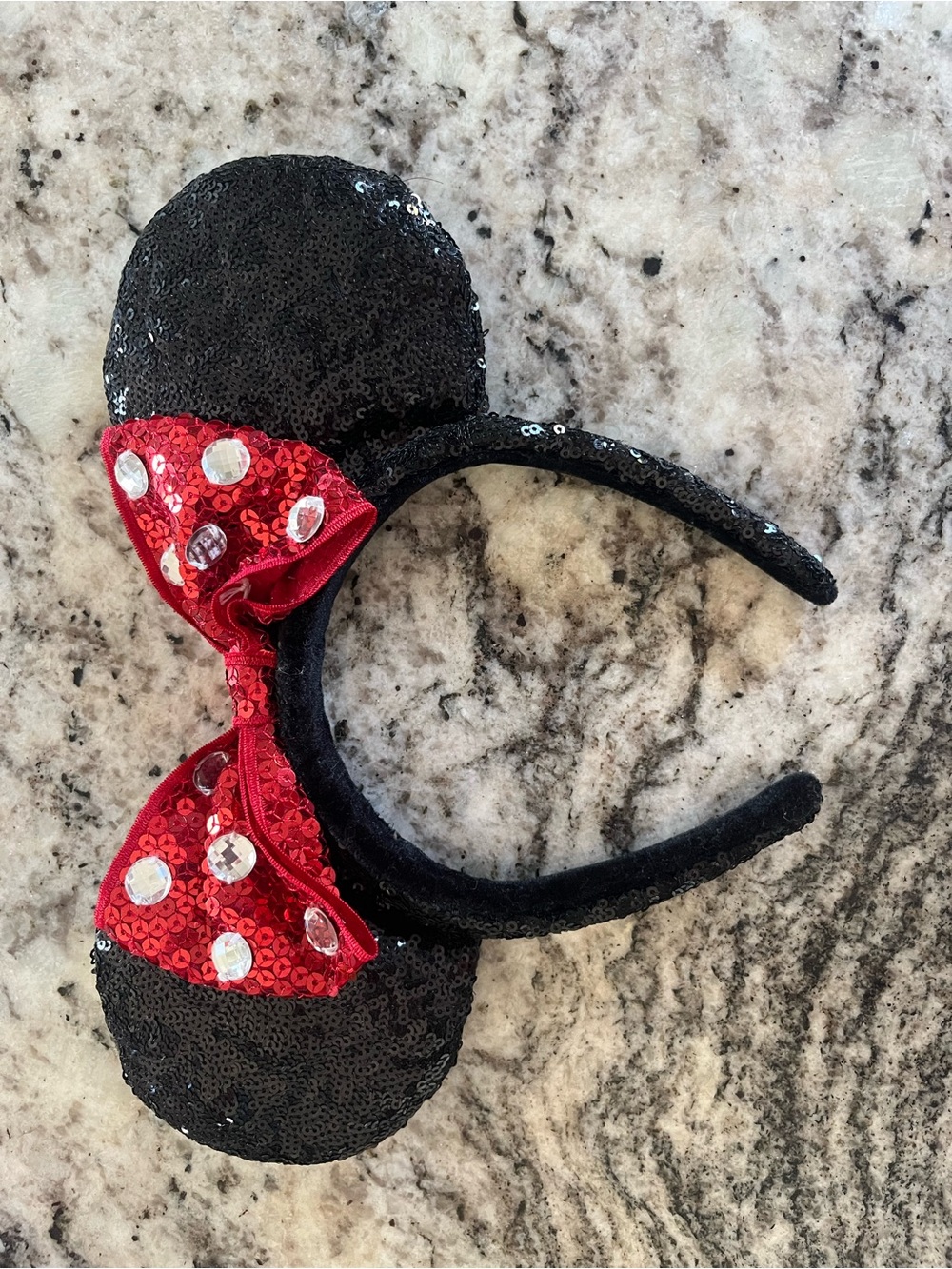 Black Sequin Minnie Mouse Disney Ear Headband with Red Sequin Bow